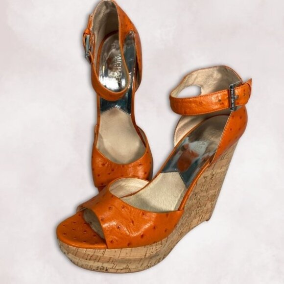 Michael Kors Cork Wedges Ariana Sandals Platform Shoes Ostrich Emboss Orange 10 - Picture 1 of 9
